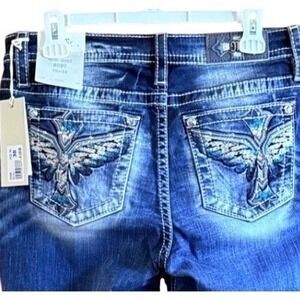 Miss Me Bootcut Jeans Size 30 Blue NWT Mid-Rise Embroidered Teal Wing  M3930B